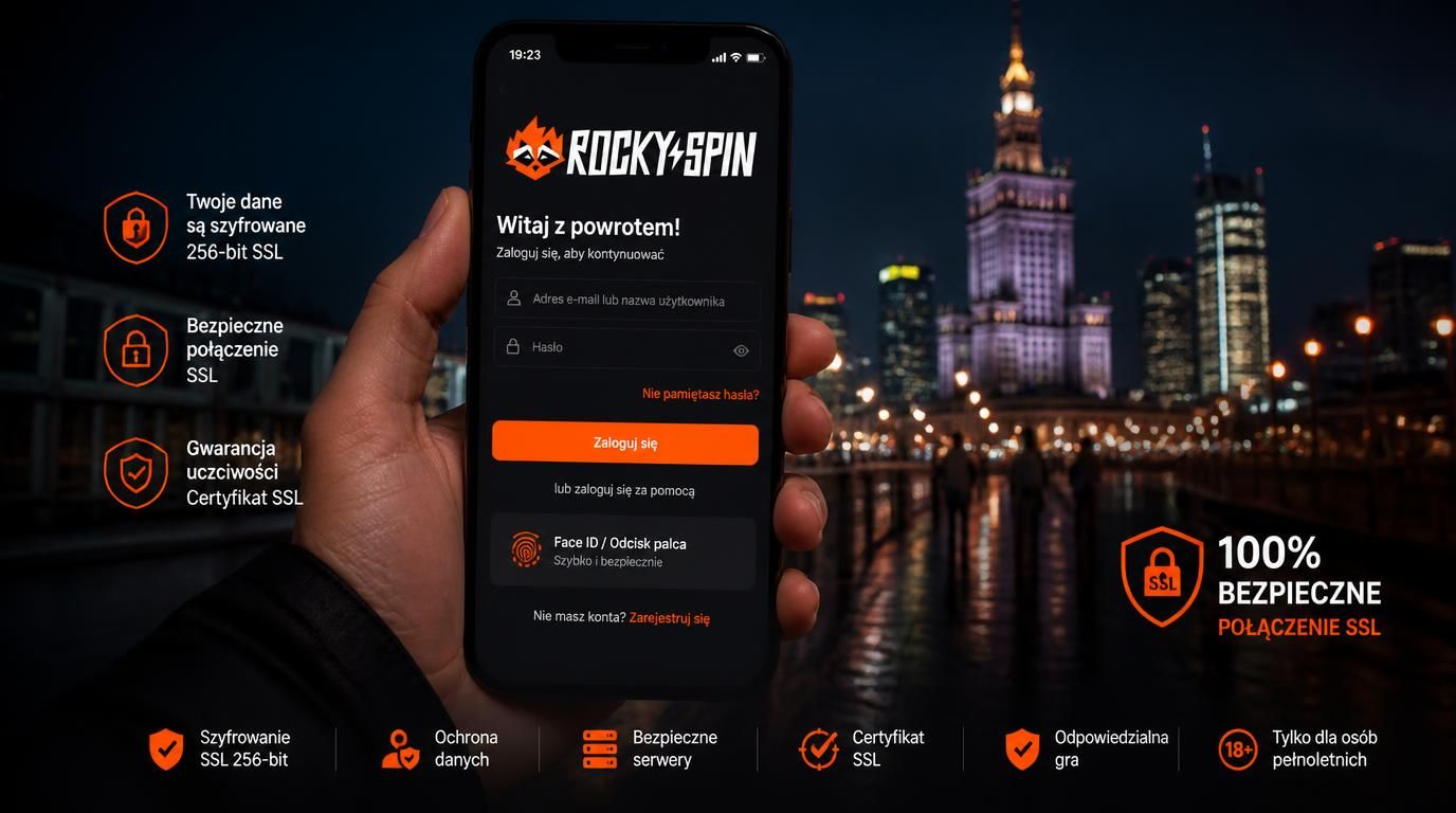 Interfejs aplikacji logowania z Face ID i szyfrowaniem na tle publicznego miejsca w Polsce