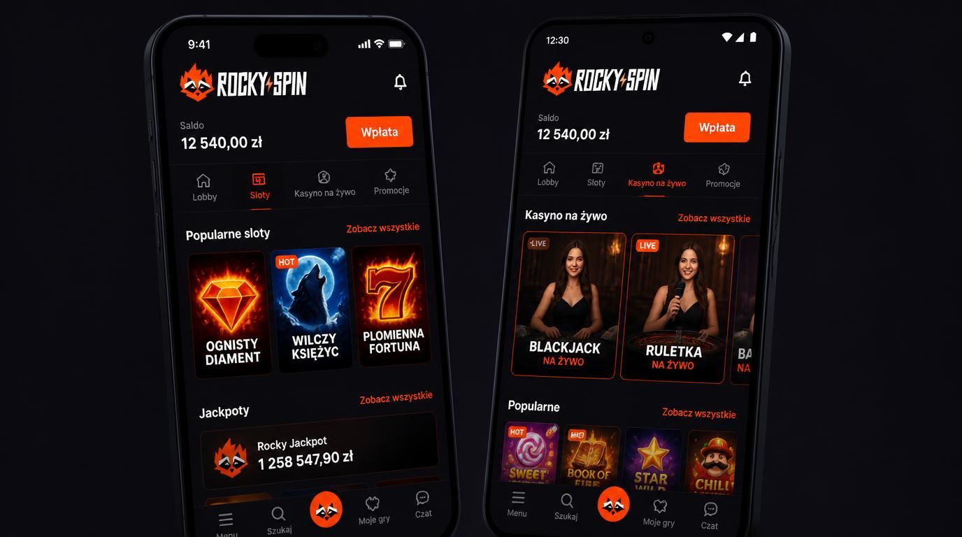 Mobilny ekran z trybem ciemnym, sloty i gry live na dwóch telefonach nocą