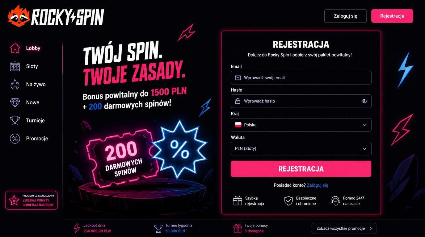 formularz rejestracyjny, wybór PLN, bonus i darmowe spiny