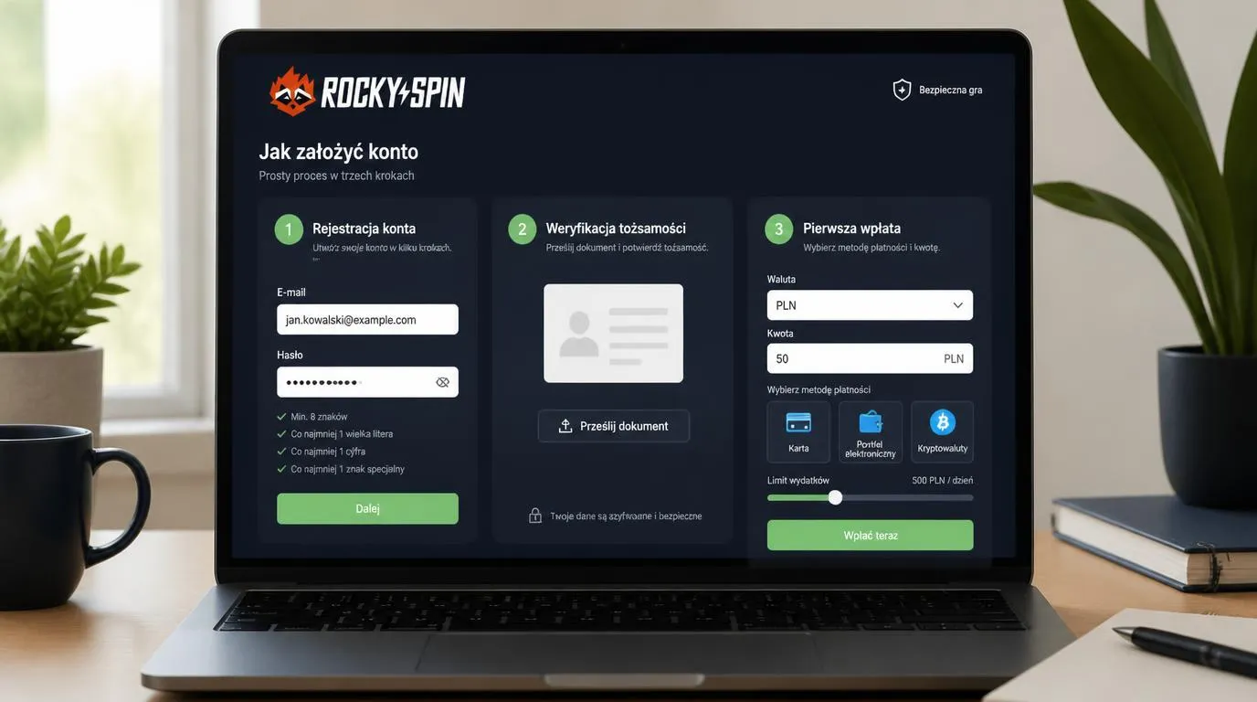 Panel rejestracji, przesyłania dokumentów KYC i pierwszej wpłaty w PLN na ekranie laptopa