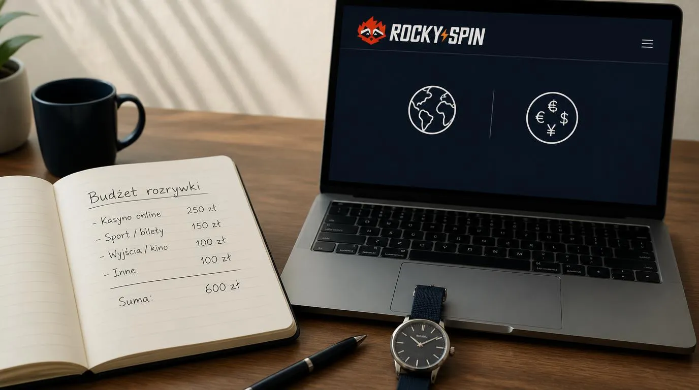 Notes z budżetem na rozrywkę i zegarek obok laptopa z symbolami wyboru języka oraz waluty