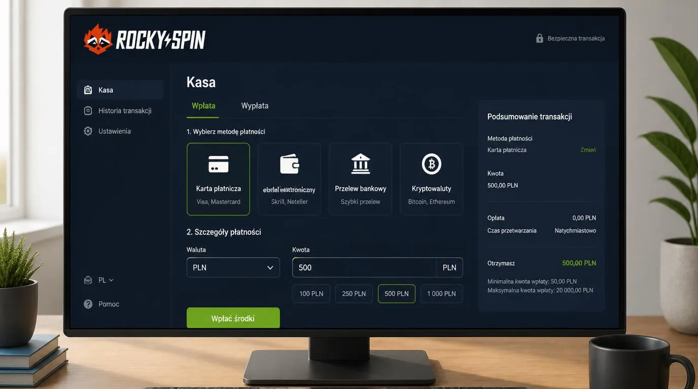 Panel kasowy z wyborem karty, portfela elektronicznego, przelewu bankowego i kryptowalut