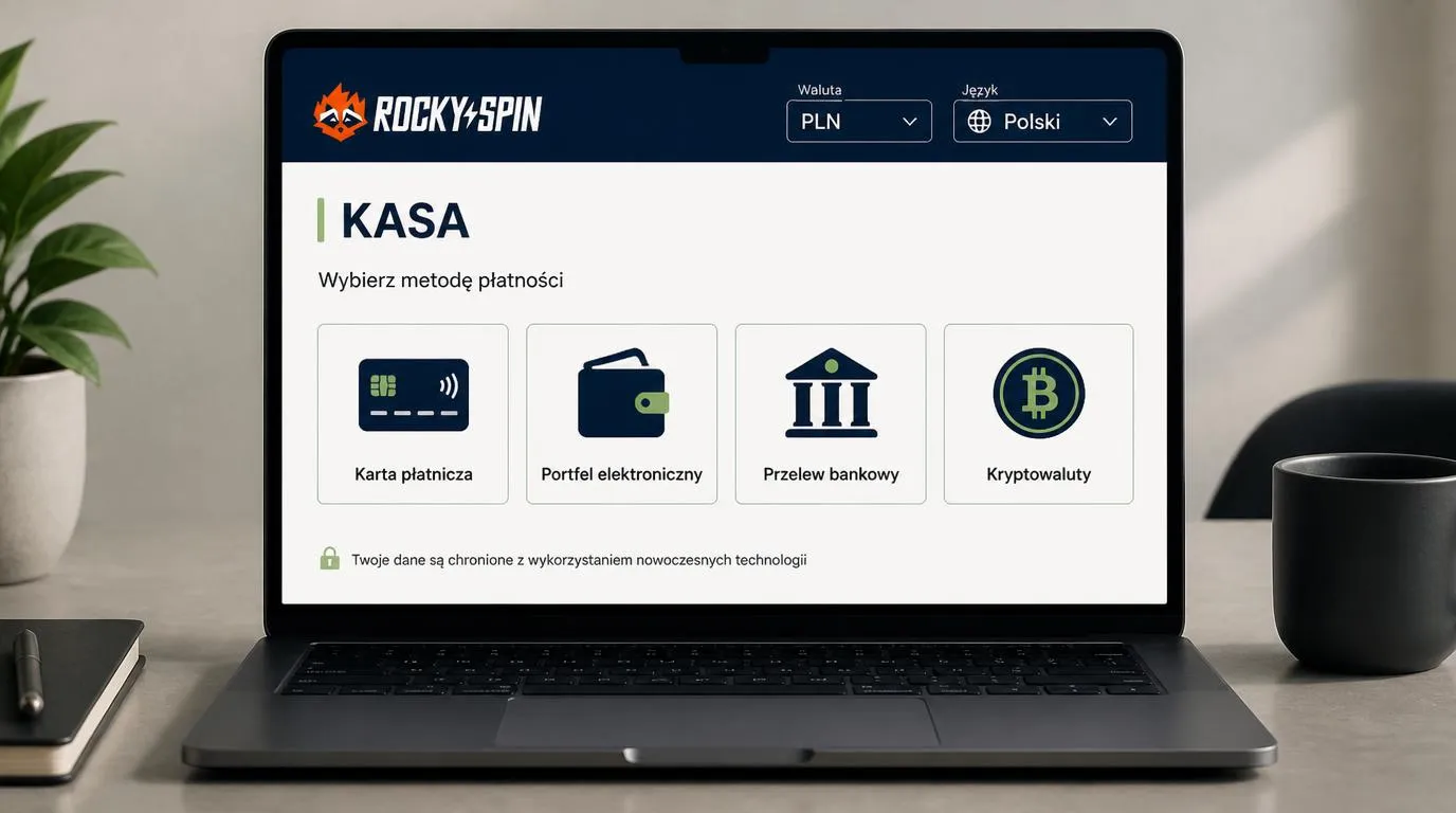 Panel kasyna z wyborem karty, e-portfela, przelewu i kryptowalut oraz ustawieniami waluty i języka