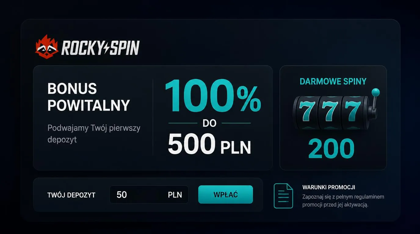 Panel bonusu powitalnego z kwotą 500 PLN, pakietem 200 darmowych spinów i minimalnym depozytem 50 PLN